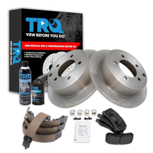Image of TRQ Rear Brake Pad & Rotor Kit, with Chemical Kit Parking Brake Shoe Set Semi-Metallic Compatible with 2017-2017 Mitsubishi Lancer