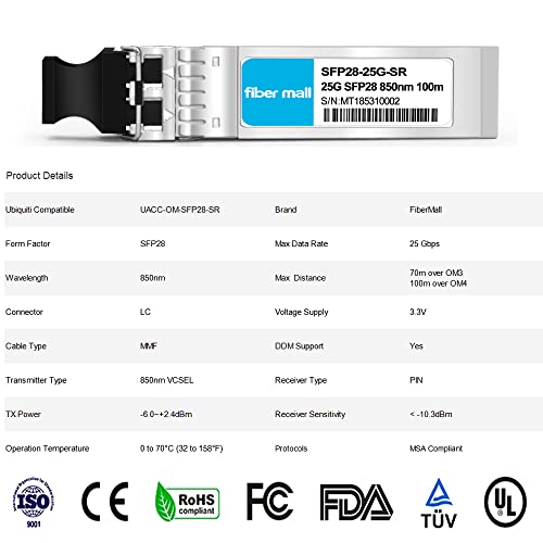 Image of 25G SFP28 SR for Ubiquiti UACC-OM-SFP28-SR 25GBASE-SR SFP28 850nm 100m DOM LC MMF Optical Transceiver Module