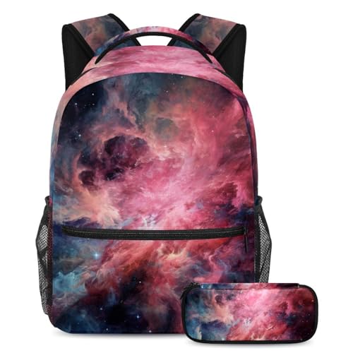 Sac à dos galaxie rose avec trousse assortie pour l'école et les voyages des élèves