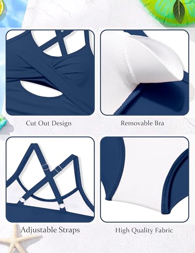 Image of Girl Swimsuit One Piece Cutout Ruched Bathing Suit for Girls Color Block Adjustable Straps Pad Swimwear 9-18y