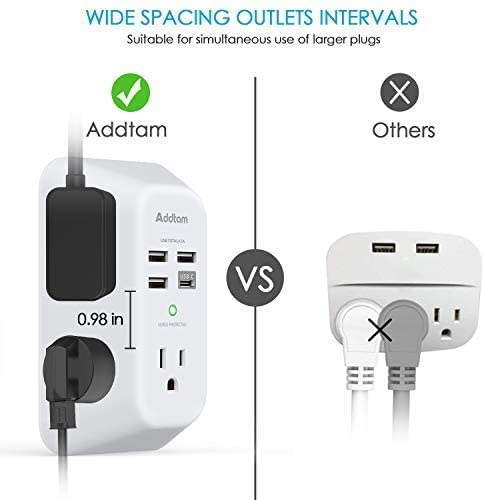 USB Chargeur mural, bande de puissance avec 5 Extendeur de sortie 4 USB Ports de recharge (1 USB C, 4.5A Total général) 3-Sided 1800J Surge Protector Power Bar Multi Plug Outlets Adaptateur mural Espace pour le bureau de voyage à domicile