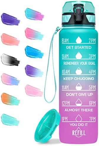 Elvira 32oz Motivational Fitness Sports Water Bottle with Time Marker & Removable Strainer,Fast Flow,Flip Top Leakproof Durable BPA Free Non-Toxic-Green/Purple Gradient