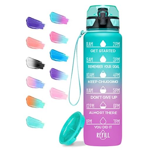 Elvira 32oz Motivational Fitness Sports Water Bottle with Time Marker & Removable Strainer,Fast Flow,Flip Top Leakproof Durable BPA Free Non-Toxic-Green/Purple Gradient