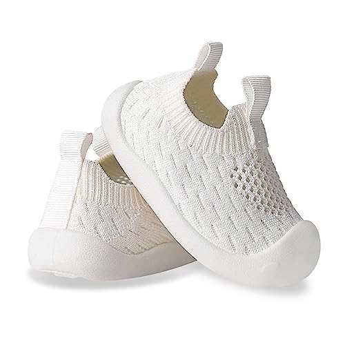 Baby Infant Boy 3-6 12-18 6-12 Months First Walking Shoes Size 3 Girl Toddler Soft Sole Breathable Non Slip Lightweight Slip on Mesh Sock Casual 2 Tiny Feet Crawling Barefoot Shoes(White,14) 3T
