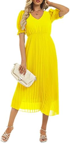LINJOU Women's Sheer Puff Sleeve Pleated Flowy Dress V Neck Midi Summer Casual Dress Yellow