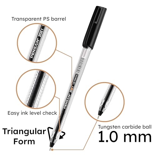 Image of PENSAN Ballpoint Pens Bulk Pack, 250-Count - (125 Black & 125 Blue) Ink Pens, 1.0mm Medium Point, Ergonomic Triangle Grip, Smooth Writing