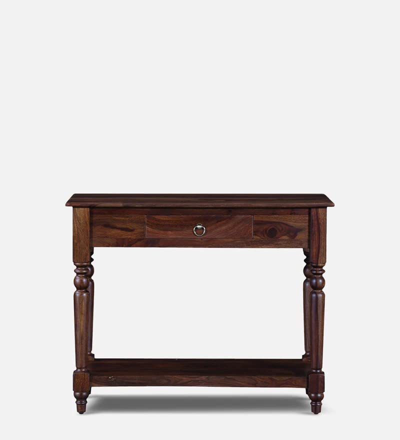 Image of Solid Sheesham Wood Console Table for Living Room | Entryway Hallway Sofa & Fish Tank Table with Drawer & Shelf Storage | Walnut Brown Finish