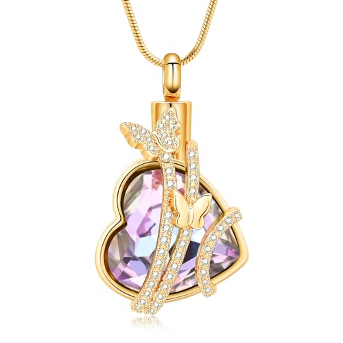 Hearbeingt Butterfly Heart Urn Necklaces for Ashes Crystal Cremation Jewelry Stainless Steel Ash Pendant for Human/Pets Memorial Necklace Keepsake Jewelry with Fill Tool