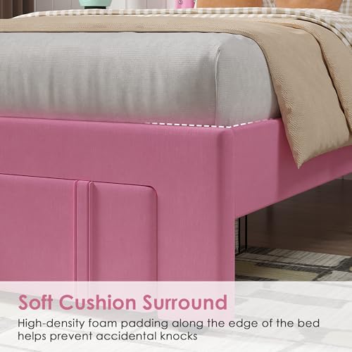 Image of VECELO Twin Size Upholstered Bed Frame with Storage Drawer, Adjustable Velvet Rivet Decor Headboard, Wooden Slats Platform Support, No Box Spring Needed, Easy Assembly,Pink