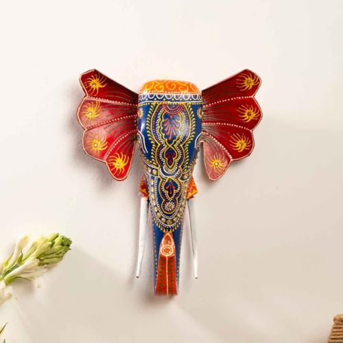 Image of ATRANGI STUDIO Handpainted Wooden Elephant Wall Decor | Ethnic Wooden Wall Art | Symbol of Strength & Wisdom | Wall Hanging for Home, Corridor & Balcony | Ready to Hang | 11 Inch, Blue