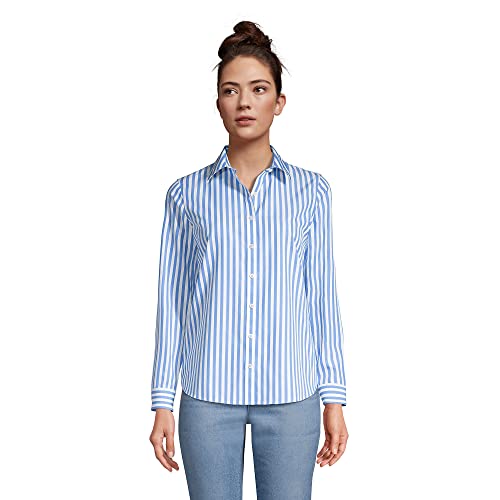 Lands' End Womens Ls No Iron Button Front Shirt Chicory Blue Stripe Tall 18 #TOP1