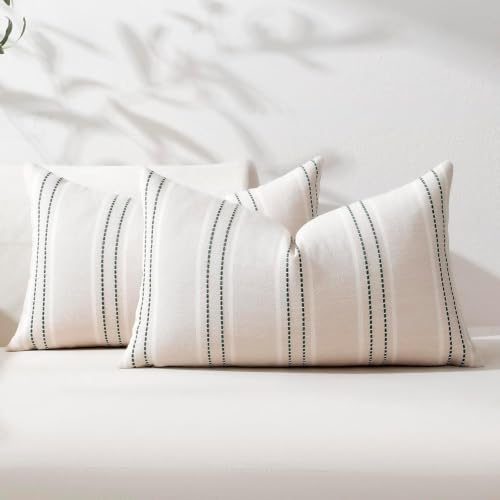 Image of Hckot Stripe Throw Pillow Covers 12x24 Lumbar Dark Green Pillow Covers | Farmhouse Decorative Pillows Textured Cushion Covers for Sofa Couch Bed Living Room Decor