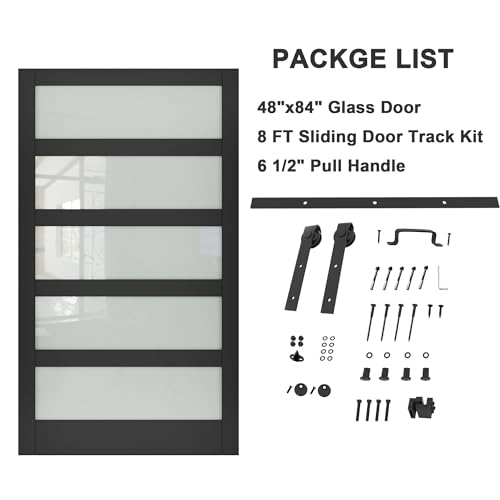 Image of 48 inchx84 inch Frosted Glass Barn Door with 8FT Sliding Hardware & Handle, Black | Pre-Drill Holes Barn door for Easy Assembly, Solid Wood Sliding Barn Door with Excellent Privacy Protection & Sound Reduction