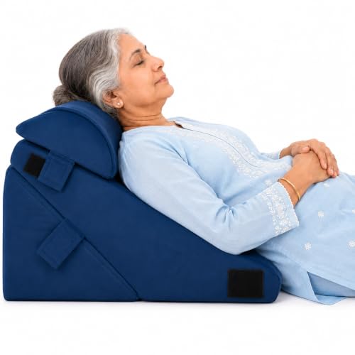 Image of Orthopedic Adjustable Wedge Pillow with Memory Foam & Headrest for Back Support, Leg Elevation, Acid Reflux, GERD, Snoring Relief - 7 Inclines - Soft Washable Cover - Navy Blue (56 x 53 x 38 CM)