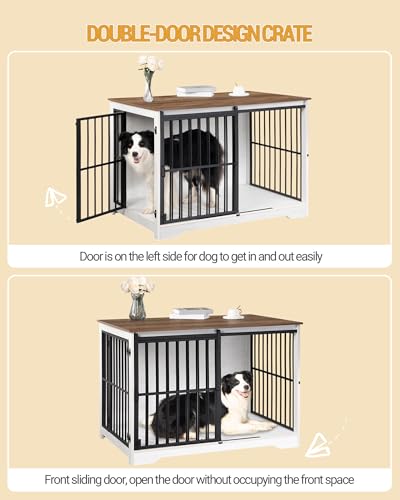 Hzuaneri 44.1" XL Dog Crate Furniture Indoor Dog Kennel with Barn Door | Wooden Dog Crates Furniture, Heavy Duty Dog Crate, Decorative Pet House End Side Table for Large Dogs, White Brown DFC80114B - Image 5