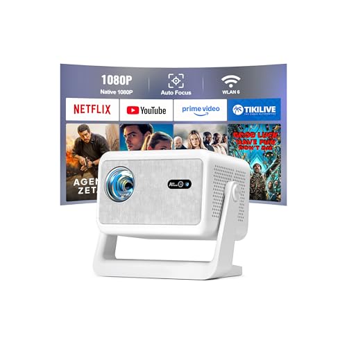 Image of 【Built in Netflix App & 2500 ANSI】Smart Mini Projector with WiFi and Bluetooth, Auto Focus & Keystone Portable Outdoor Projector, AuKing Home Theater Proyector with Adjustable Stand(White)