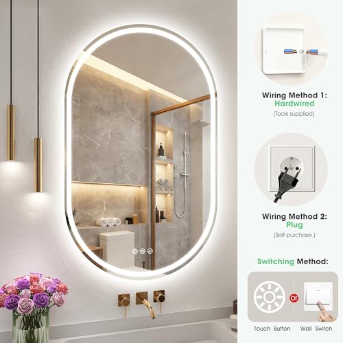 S’bagno Ovalado-Espejo-Baño-con-Luz 100x60cm, Espejo Baño LED mit Bluetooth y Antivaho, 3000K/4000K/6500K, IP44 Resistente al Agua, Cristal Templado HD, Memoria, Horizontal/Vertical - imagen 8