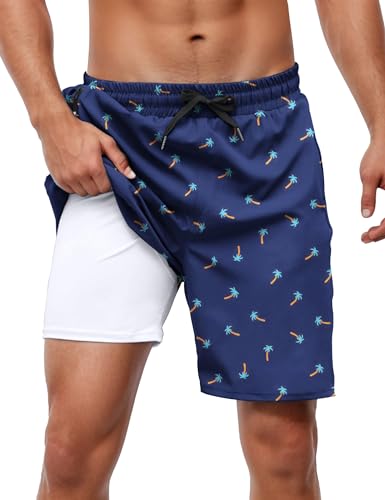 Badehose für Herren mit Kompression Liner 7' 2in 1 Atmungsaktiv Badeshorts mit Reißverschlusstaschen Männer Elastisch Boardshorts mit Tunnelzug