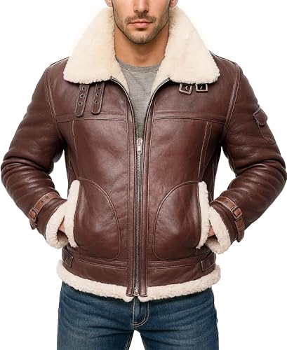 B3 RAF Aviator Pilot Flying Fur Shearling Bomber Sheepskin Leather Jacket Black/Brown