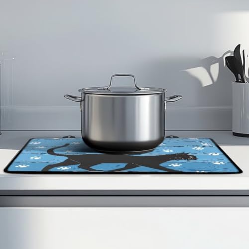 Image of Glass Ceramic Top Stove Cover Anti-Scratch Flat Cooktop Cover Mat Range Covers for Electric Stove Machine Washable Induction Stove Top Protector Mat, 29 x 21 Inch, Black Cat Wood Grain Paw