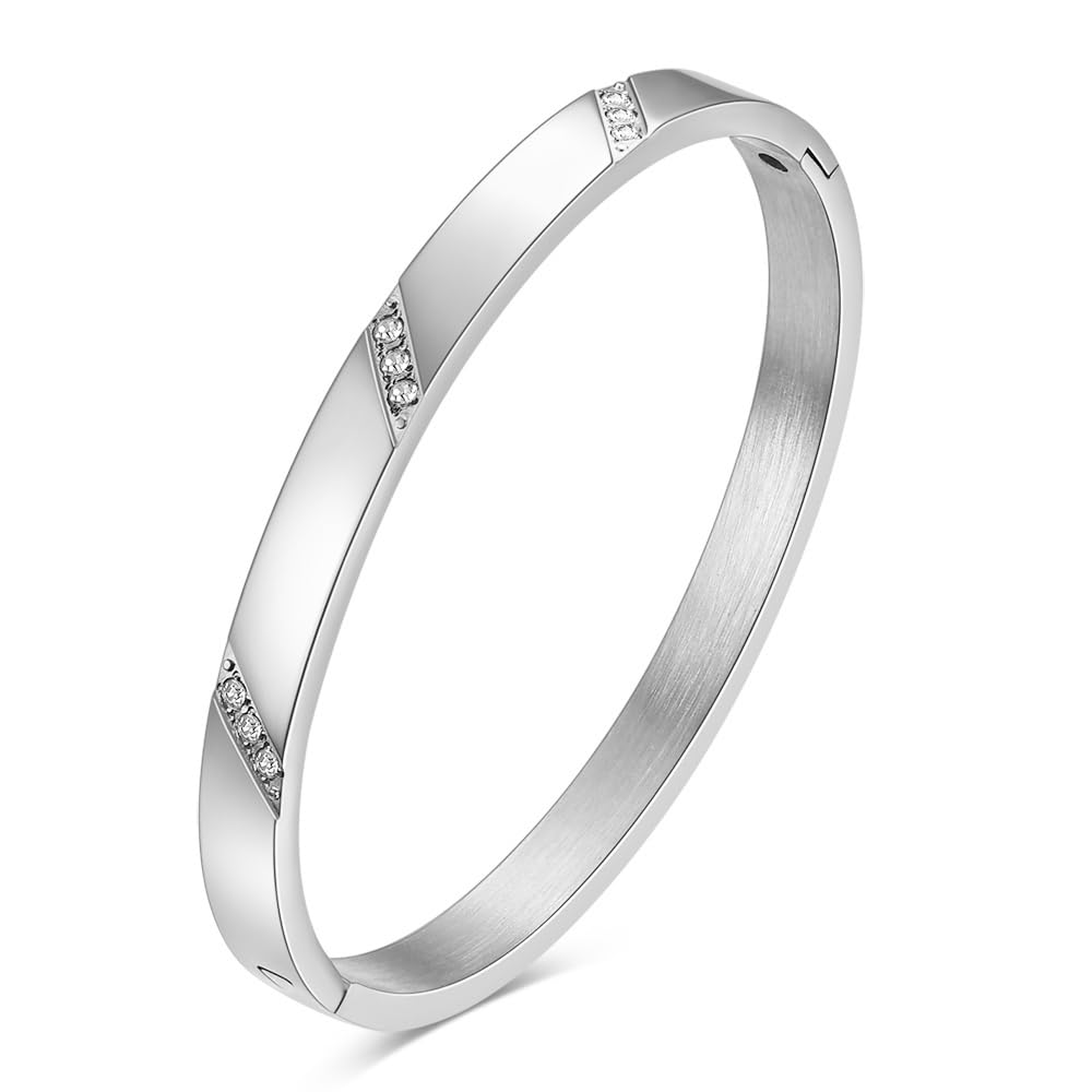 MYNENEY Rose Gold/Gold/Silver Titanium Stainless Steel Pave Cubic Zironia Simulate Diamond Stackable Oval Hinged Bangle Bracelet 6.5-7.5Inch (6mm-3 Crystal Silver, 7 Inch)
