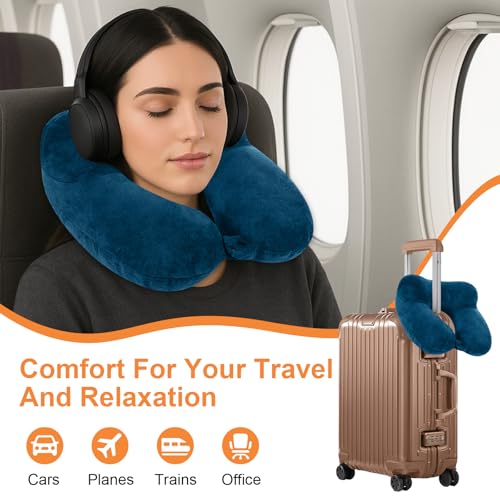 Oreiller de Voyage Gonflable, Compact Coussin de Voyage, Coussin de Voyage Avion Gonflable, Support de Cou en Velours Doux pour l'avion, Le Train, la Voiture et Le Bureau avec Masque pour Dormir – Image 6