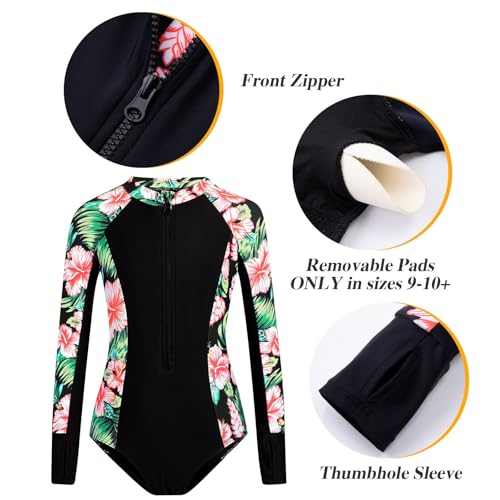 HOZIY Girls One Piece Swimsuit Long Sleeve Zipper Rash Guard Sets Kdis Bathing Suits with Shorts Summer Swim Suits Size 6-7 Black Floral — view 3