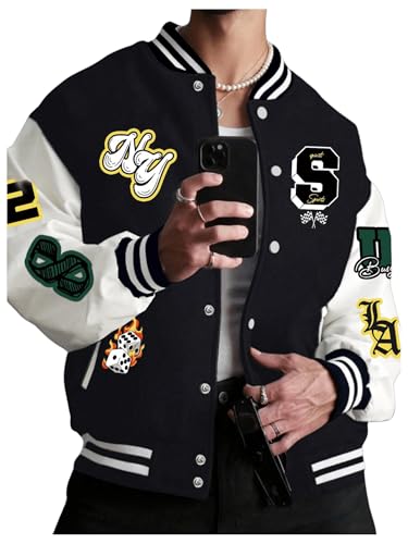 Floerns Men's Letter Graphic Print Long Sleeve Color Block Baseball Jacket