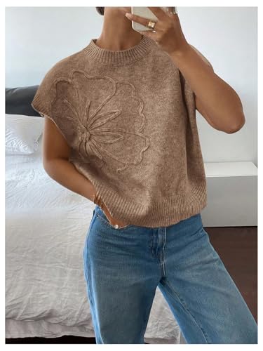 Image of SOLY HUX Women's Short Sleeve Sweater 3D Floral Sweaters Pullover Tank Tops Knit Vest Trendy Fashion Clothing