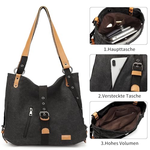 KONO Damen Rucksackhandtaschen Rucksack Canvas Handtasche 2 in 1 Vintage Damen Umhängetasche Verstellbare Schultergurte für Alltag Büro Schule Ausflug Einkauf(Schwarz)