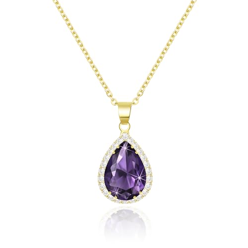 Linawe Collier avec pendentif en améthyste pour femmes, chaîne en or, diamant violet, pierre de naissance, pierre de naissance, cristal, colliers en or,...