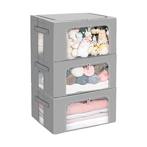 Stackable Clothes Storage Box for Clothing Gadgets,Steel Frame Storage Bins for Toys Gift,Foldable Oxford Fabric Closet Organizer Bag Set with Carry Handles Clear Window (Small- 22L x3 Pack, Grey) Cover