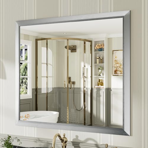 Image of 40x36 Inch Brushed Silver Bathroom Mirror for Wall, Thick Metal Framed Rectangle Mirrors for Over Sink, Bedroom, Living Room, Entryway, Anti-Rust, HD Tempered Glass