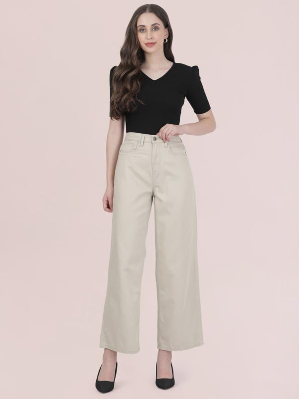 Image of GO COLORS Soft Cotton-Tencel Blend Twill Wide Pants Full Length for Women| Breathable, High Rise