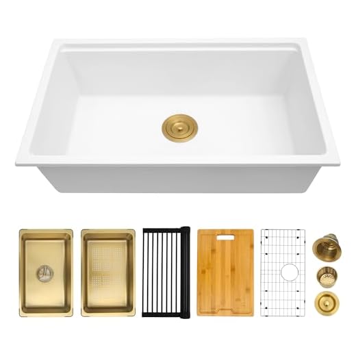 YAQUN White Undermount Kitchen Sink 30 Inch - Drop In Granite Quartz Composite Workstation Sink - Deep Single Bowl,Dual Mount,with Accessories (White, 30" x 18")