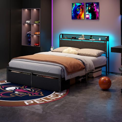 Image of Furnulem Queen Bed Frame with Storage Headboard,Charging Station,2 Drawers | 2-Tier Wood Shelves,LED Lights,1200 Lbs Capacity,USB & Type-C Ports,No Box Spring Needed,Noise Free,Easy Assembly,Rustic Grey