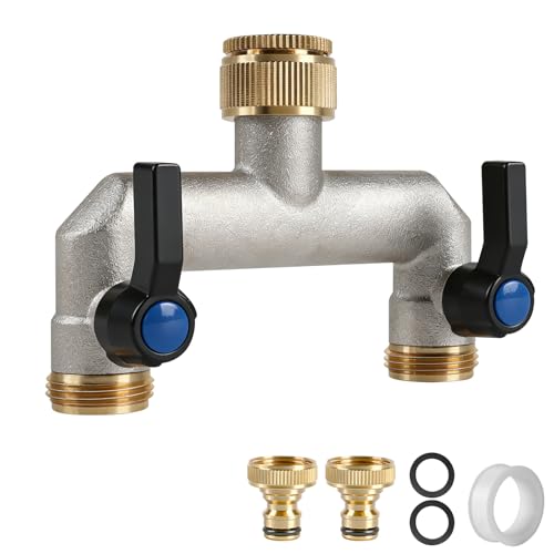 EXLECO 2 Wege Messing Wasserverteiler G3/4' Wasserhahn Ventil mit 1/2' Adapter, Wasseranschluss Verteiler mit Metall Griff, Gartenwasserhahn Anschluss, Messing Schlauchverbinder für Hof Waschmaschine
