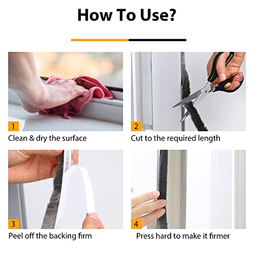 39.4Ft Brush Weather Stripping, Neat Pile Self Adhesive Seal Strip For Windows And Door, Weatherstrip For Soundproofing, Windproof, Dustproof, Stronger Stickiness, 0.35'' Wide X 0.35'' Thick, Grey #TOP6