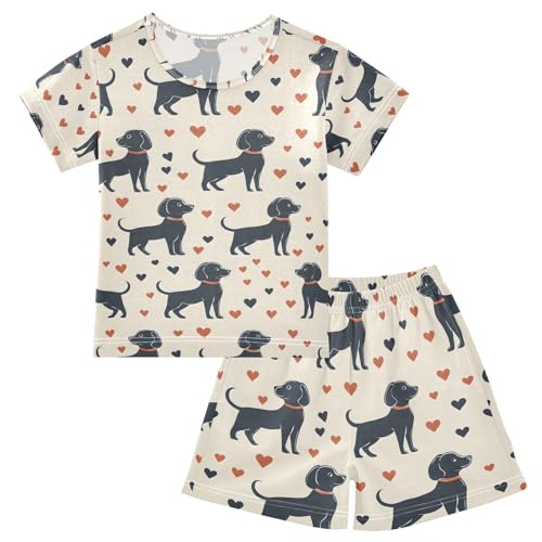 ALAZA Black Puppy Dog Love Heart Pajamas Set Short Sleeve Cotton Sleepwear Summer Pjs 2 Piece 5-14Y
