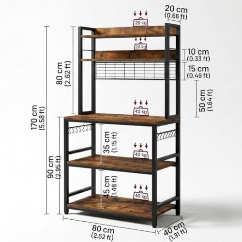 Image of 5-Tier Kitchen Organizer Rack|Multipurpose Microwave Stand for Kitchen Platform & OTG Oven|Steel Utensils Storage Shelf with Hooks | Engineered Wood & Metal Rack for Home | 80x40x170 cm | Rustic Brown