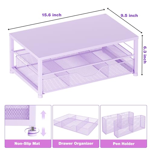 OPNICE Desk Organizers and Accessories, 2-Tier Computer Monitor Stand for Desk Organizer with Drawer and 2 Pen Holders, Office Desk Accessories Workspace Desktop Organizers for Office Supplies, Purple