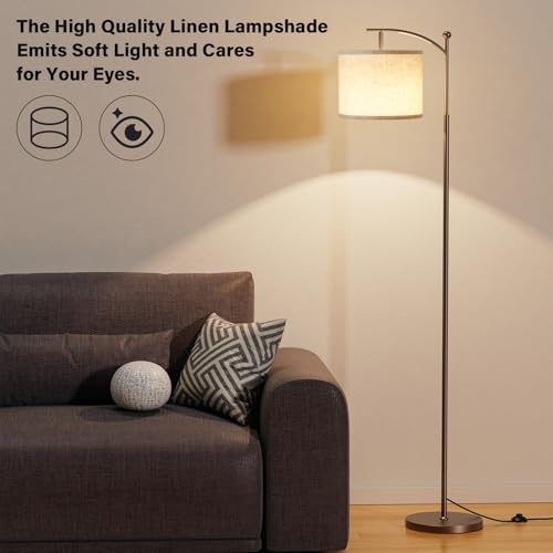 Image of Ambimall 60 inch Floor Lamp for Living Room with 3 Color Temperatures, Adjustable Beige Shade with Brown Pole, Tall Lamp for Bedroom Office Classroom Dorm Room, 9W Bulb Included