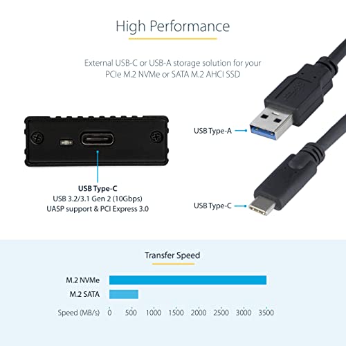 Image of StarTech.com USB-C 10Gbps to M.2 NVMe or M.2 SATA SSD Enclosure, Portable External PCIe /SATA NGFF SSD Aluminum Case, USB Type-C / Type-A Host Cables, Supports 2230 /2242 /2260 /2280 - TAA