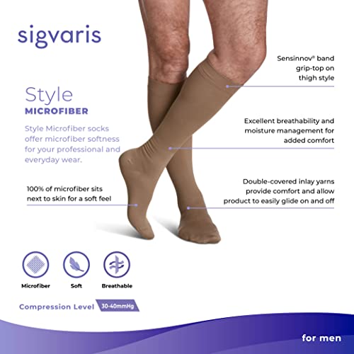 Image of SIGVARIS Men's Style Microfiber 820 Closed Toe Calf-High Socks 30-40mmHg - Khaki - Extra Large Short