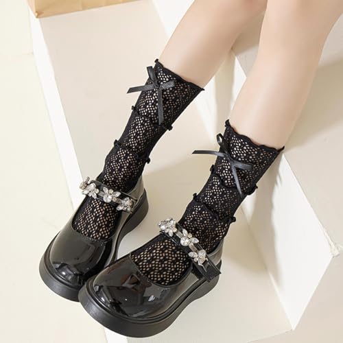Kids Girls Lace Mesh Socks Cute Bowknot Princess Socks Mid-Calf Socks Spring Summer Girls Stockings, 4-6 Years Old2