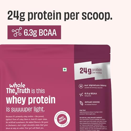 Image of The Whole Truth Whey Protein Isolate+Concentrate | Light Cocoa 1kg (2.2 lbs) | 24g Protein per scoop | 6.3g BCAA | No Adulteration | Clean, Light & Easy to Digest | Vegetarian | No Artificial Flavours