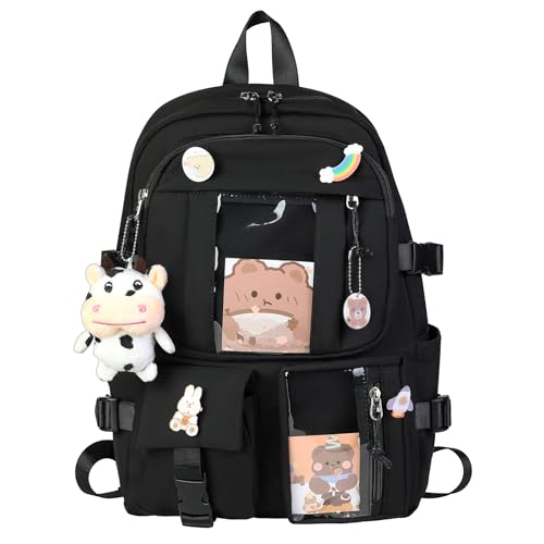 HORHEAR Rucksack Kawaii mit niedlichen Pin Zubehör, Kawaii Plüsch Spielzeug Tier Pin und Cartoon Karte, Kawaii Backpack, Schulrucksack(Style2-Schwarz)