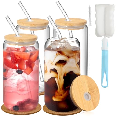Radheshyam Traders Glass Cups with Bamboo Lids and Glass Straws 16oz Beer Can Shaped Drinking Glasses with Reusable Cork Coasters Idea for Cocktail Whiskey Smoothie Cleaning Brushes