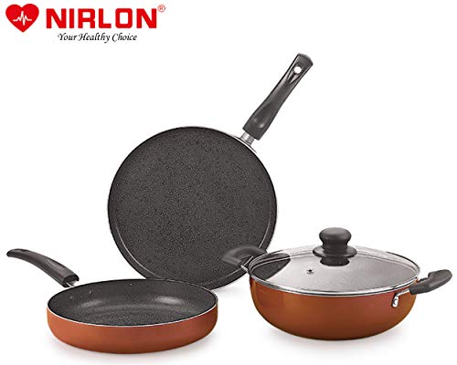 Image of Nirlon Brownie Granite 7-Piece Aluminium Non Stick Cookware Gift Set with Glass Lid & 3 Spoon Brown (Compatible with All Gas & stovetops Only)