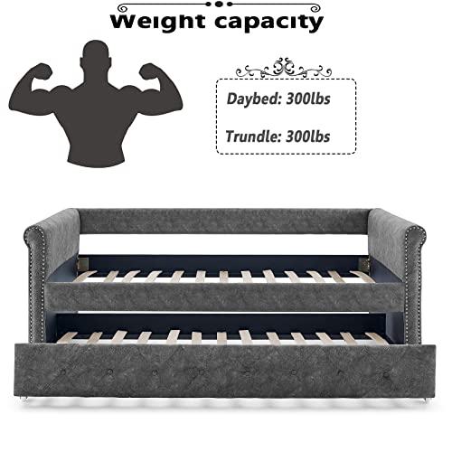 Antetek Daybed With Trundle, Fabric Upholstered Twin Size Day Bed Button-Tufted Sofa Daybed Frame W/Twin Roll-Out Trundle, No Box Spring Needed, Furniture For Bedroom, Living Room, Guest Room, Grey #TOP5
